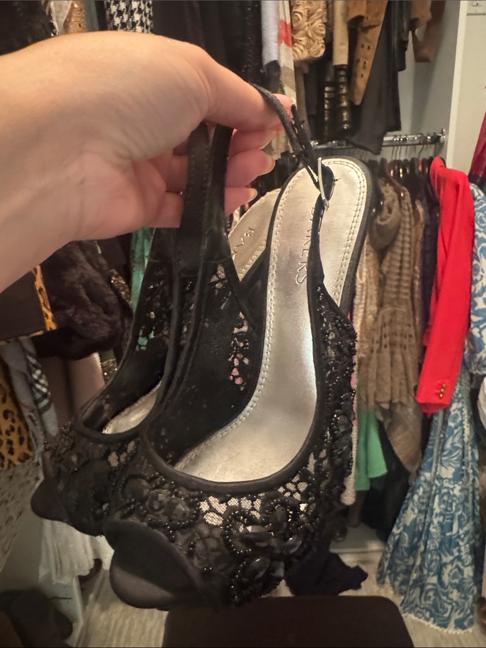 Bakers Black Lace Peep-Toe Slingback Heels